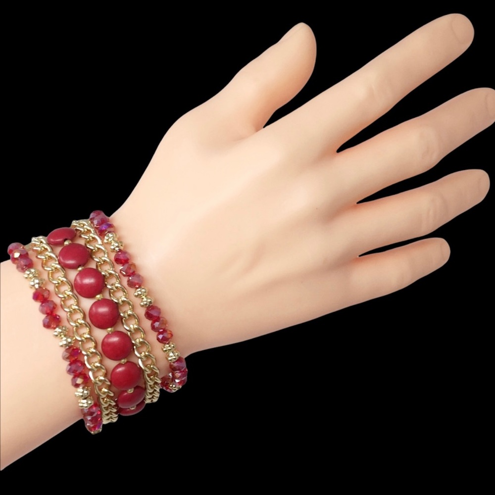 Red Stone and Glass Layered Bead Gold Chain Bracelet - Picture 2 of 2